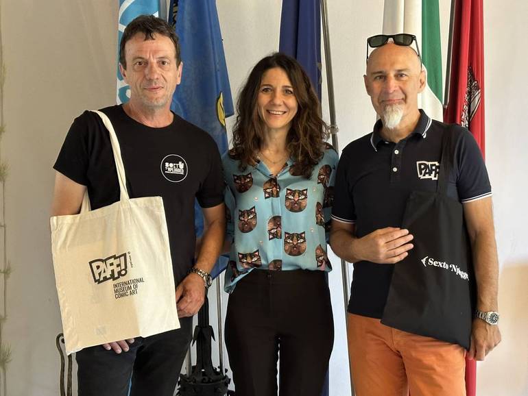 Da sx Fabio Bortolussi presidente dell'associazione Sexto, Zaida Franceschetti sindaca di Sesto al Reghena, Marco Dabbà presidente di Vastagamma associazione che gestisce il Paff